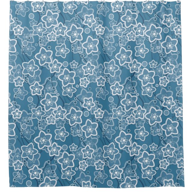 Rideaux De Douche bleu avec blanc, bleu, fleurs, floral, rustique, f (Devant)