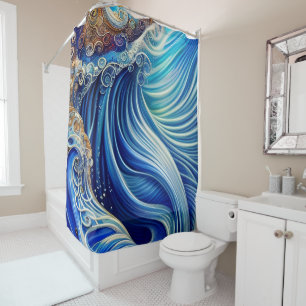 Rideaux De Douche Bleu avec or Abstrait Ocean Waves Artwork