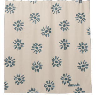 Rideaux De Douche Bleu Beige Neutre Monogramme Nom