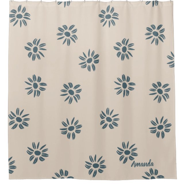 Rideaux De Douche Bleu Beige Neutre Monogramme Nom (Devant)