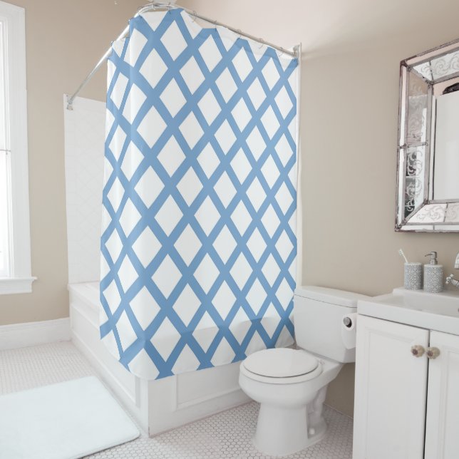 Rideaux De Douche Bleu Blanc Arlequin Diamond Motif (En situation)