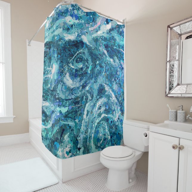 Rideaux De Douche Bleu Blanc Turquoise Mer vague Splash Abstraction (En situation)