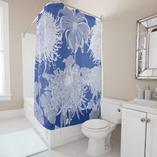 Rideaux De Douche Bleu Blanc Vintage Chinoiserie Motif Floral