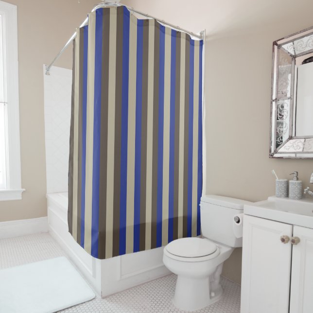 Rideaux De Douche Bleu Brown Beige Vertical Stripe (En situation)