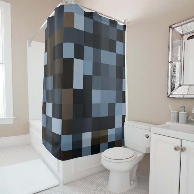 Rideaux De Douche bleu, brun, tissu, design, plaid, (En situation)