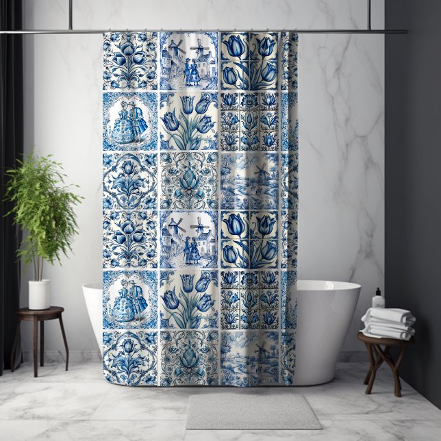 Rideaux De Douche Bleu Chic toile blanche de jouy Poupées et fleurs (Créateur téléchargé)