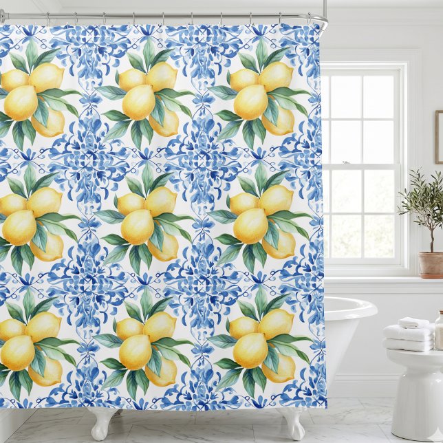 Rideaux De Douche Bleu Citron Méditerranéen (mediterranean citrus lemon blue tile french country shower curtain)
