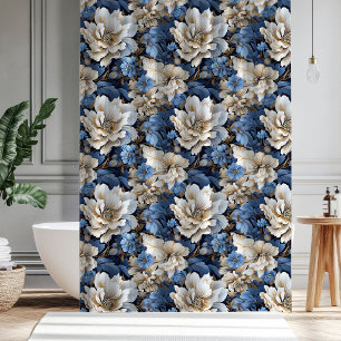 Rideaux De Douche Bleu Classique Blanc Ivoire Floral Bain Douche
