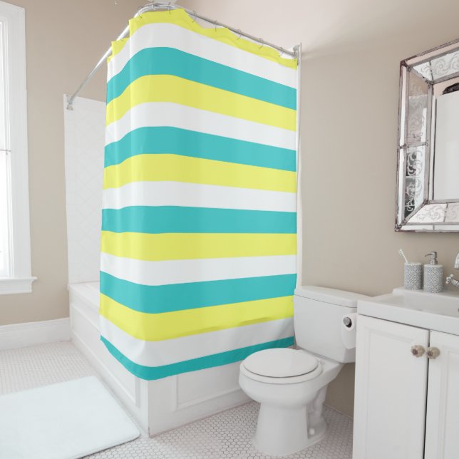 Rideaux De Douche Bleu d'Aqua, jaune citron et blanc (En situation)