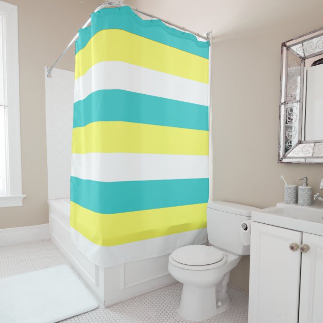 Rideaux De Douche Bleu d'Aqua, jaune citron et blanc (En situation)