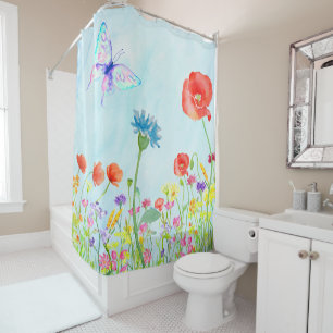 Rideaux De Douche bleu d'aquarelle de papillon de pré de pavot de