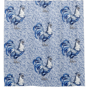 Rideaux De Douche Bleu Delft Et Poulet Blanc Rooster