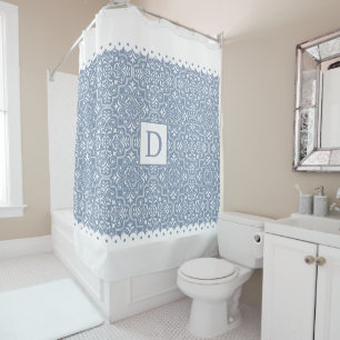 Rideaux De Douche Bleu Dusty damassé blanc bordures de pétoncles mon