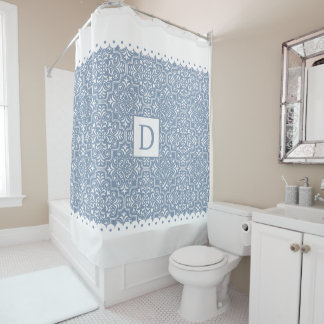 Rideaux De Douche Bleu Dusty damassé blanc bordures de pétoncles mon