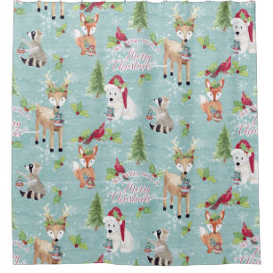 Rideaux De Douche Bleu Dusty Noël Bois Animaux Cerfs Ours