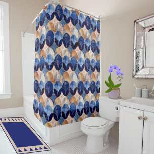 Rideaux De Douche Bleu Élégant + Motif Géométrique Luxueux en Or Ros