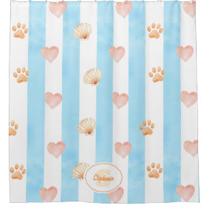 Rideaux De Douche Bleu et blanc - Coeurs, Empreinte de patte, Coque