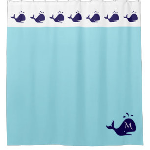 Rideaux De Douche Bleu et blanc Cute Baleine initiale personnalisée