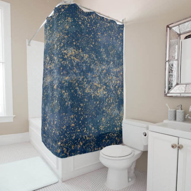 Rideaux De Douche Bleu et Or Moderne Pailleté éclaboussé (En situation)