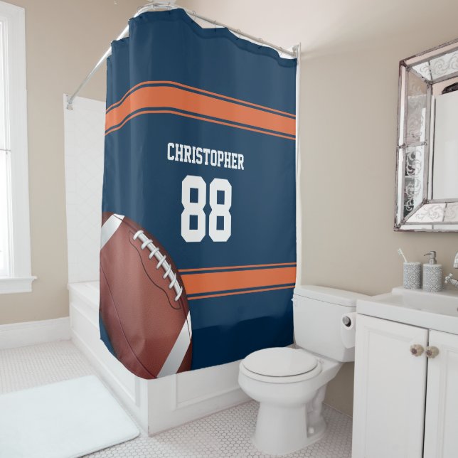 Rideaux De Douche Bleu et Orange Grille Jersey Fer Football (En situation)