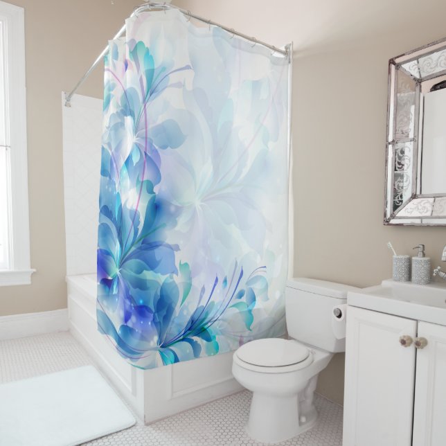Rideaux De Douche Bleu Floral Abstrait Et Blanc (En situation)