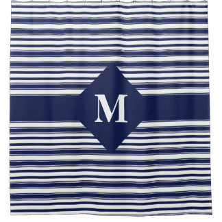 Rideaux De Douche Bleu foncé et blanc monogrammes