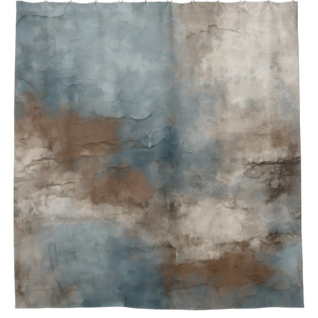 Rideaux De Douche Bleu Fumé Brun Beige Abstrait Rustique (Devant)