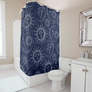 Rideaux De Douche Bleu Magie Vintage Céleste Soleil Lune étoiles