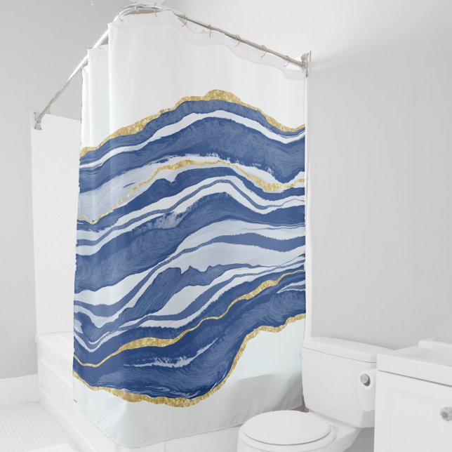 Rideaux De Douche Bleu Marbre Agate Parties scintillant or (Blue, white and gold marble agate watercolor art shower curtain)