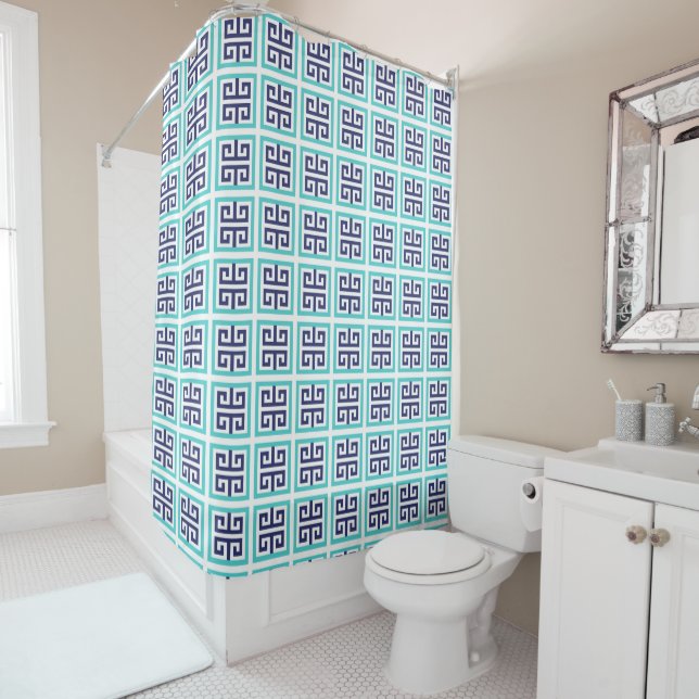 Rideaux De Douche Bleu marine aqua motif grec (En situation)
