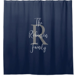 Rideaux De Douche Bleu marine Blanc Gris Nom de famille Monogrammé