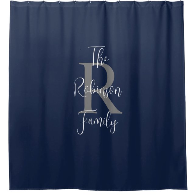 Rideaux De Douche Bleu marine Blanc Gris Nom de famille Monogrammé  (Devant)