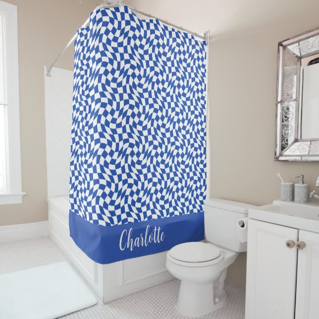 Rideaux De Douche Bleu moderne rétro tourbillon carreaux nom personn (En situation)