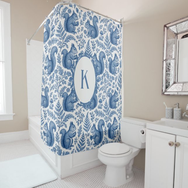 Rideaux De Douche Bleu Monogramme Chinoiserie Écureuil Forêt (En situation)