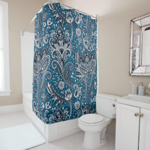 Rideaux De Douche Bleu Nuit & Blanc Floral Paisley Bohème Boho