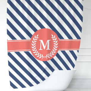 Rideaux De Douche Bleu Nuit & Corail Rayures Nautiques Monogramme