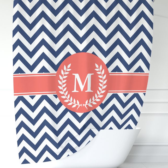 Rideaux De Douche Bleu Nuit et Chevron Corail Monogramme de Laurier (Créateur téléchargé)