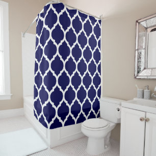 Rideaux De Douche Bleu Nuit Foncé et Treillis Quatrefeuilles Blanc