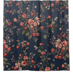 Rideaux De Douche Bleu Nuit Foncé Rouge Sauge Floral Cottage
