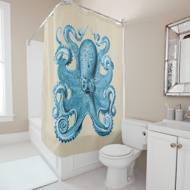 Rideaux De Douche Bleu octopus Vintage (En situation)