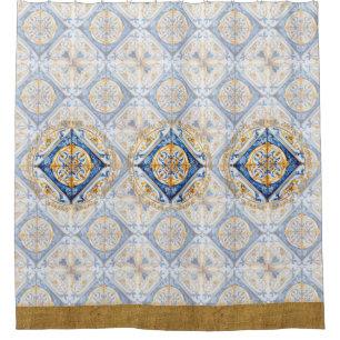 Rideaux De Douche Bleu Or Blanc Vietri Talavera Azulejo look