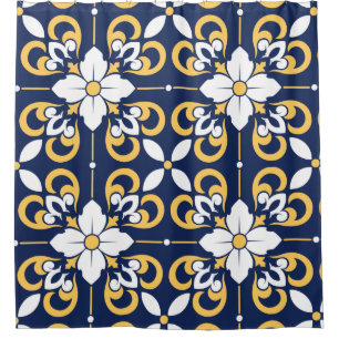 Rideaux De Douche Bleu or géométrique carrelage marocain