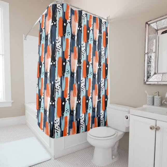 Rideaux De Douche Bleu orange brosses Motif Abstrait (En situation)