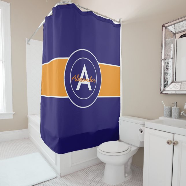 Rideaux De Douche Bleu orange de la marine noire (En situation)