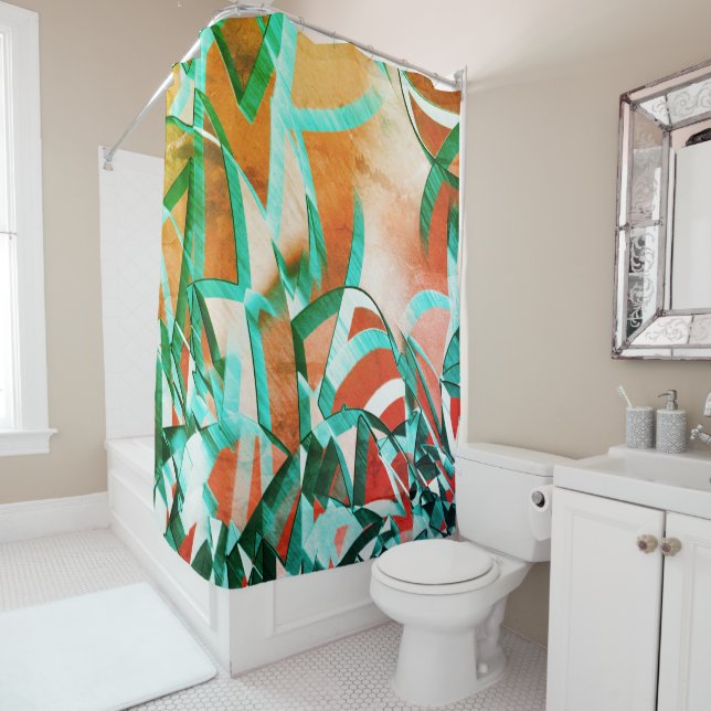 Rideaux De Douche Bleu ou cyan rayé sur orange rougeâtre rustique (En situation)