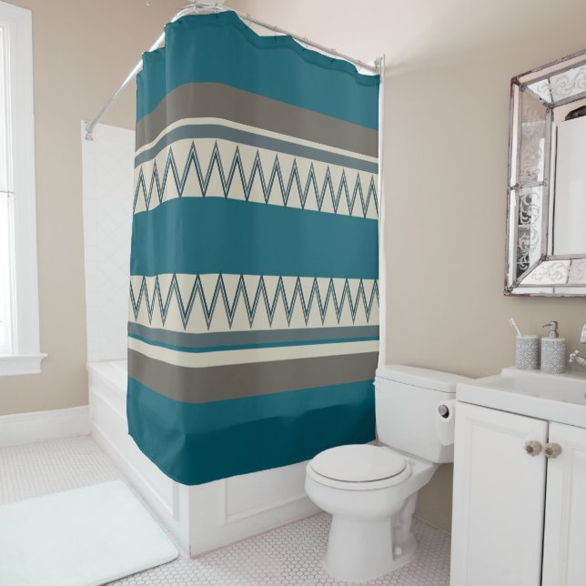 Rideaux De Douche Bleu paon et Gris rayures (En situation)