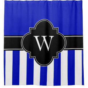 Rideaux De Douche Bleu Royal Blanc Rayure LG 1ICBR Monogramme Noir