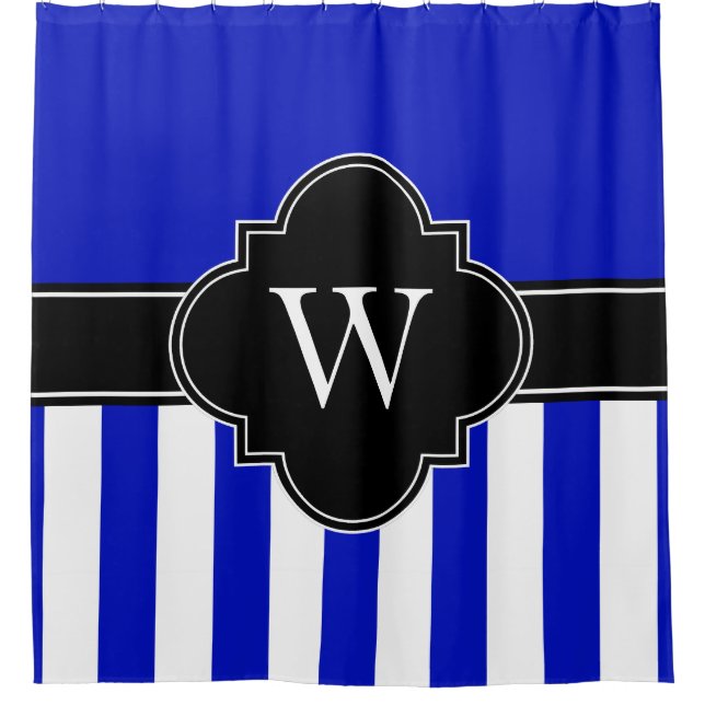 Rideaux De Douche Bleu Royal Blanc Rayure LG 1ICBR Monogramme Noir (Devant)