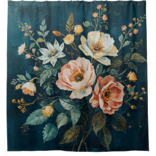 Rideaux De Douche Bleu sarcelle foncé Orange Floral Cottagecore Vint