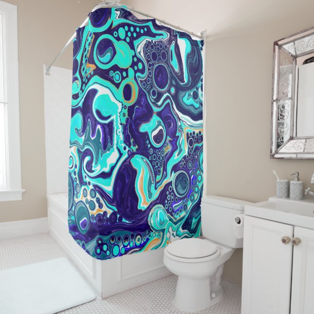 Rideaux De Douche Bleu Turquoise Océan Fluide Marbre Art (En situation)